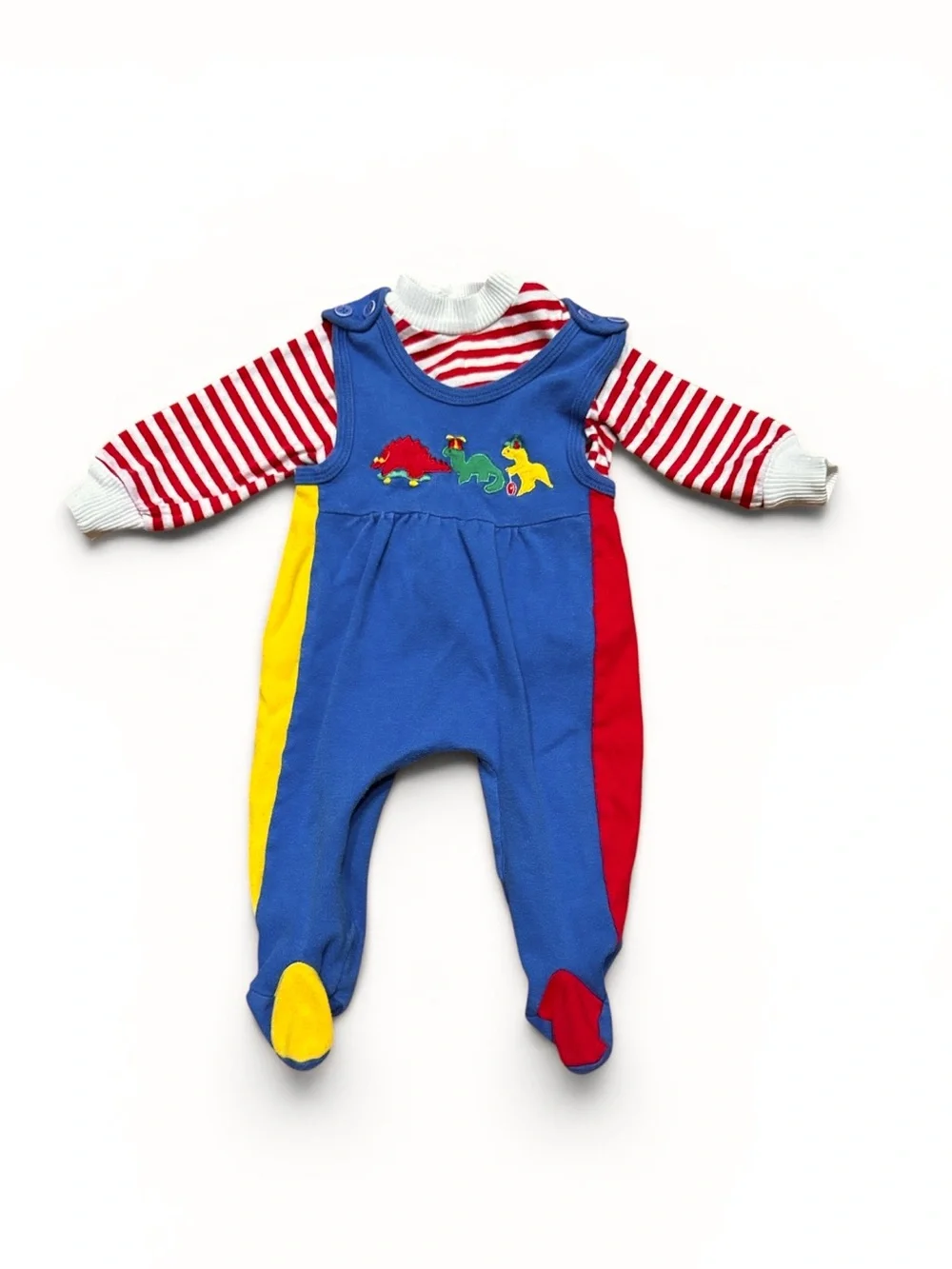 Vintage 80s 90s Dinosaur Embroidered Footed Romper Stipe Shirt Set Baby Boy 6mo